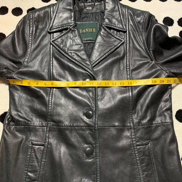 Vintage 90s Danier Black Leather Blazer Trench Coat Overcoat Longline Jacket - Picture 11 of 16